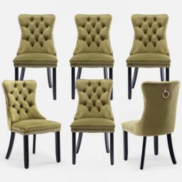 HomeTouch Romsey Set of 6 Velvet Upholstered Dining Chairs with Oak Legs & Knocker Ring Back in Green - Size: 6 Pack - thumbnail 1