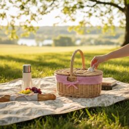 Red Hamper Wicker Childs Picnic Basket with Pink lining in Brown - thumbnail 2