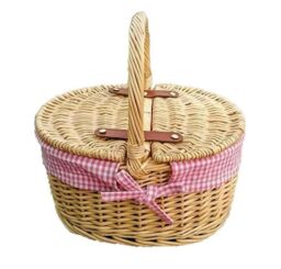 Red Hamper Wicker Childs Picnic Basket with Pink lining in Brown