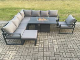 Fimous Aluminium 9 Seater Garden Furniture Outdoor Set Patio Lounge Sofa Gas Fire Pit Dining Table Set with Chair Big Footstools Dark Grey - thumbnail 2
