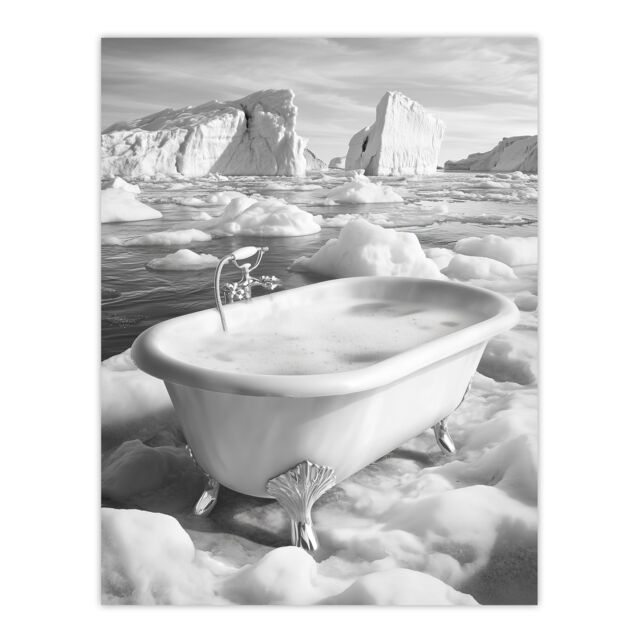 "Artery8 Elegant Bathtub Polar Ice Cap Black White Surreal Wall Art Print - Size: W24"" x H32""" - image 1