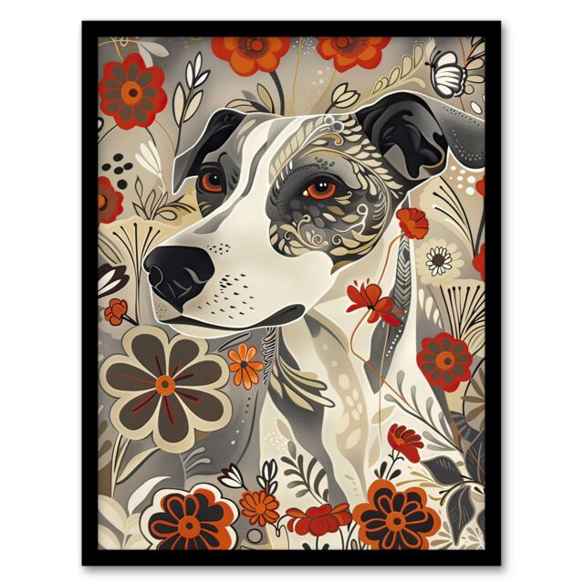 Artery8 Jack Russell Terrier Floral Dog Lover Pet Portrait Framed Art Print in Grey - Size: A4 - image 1