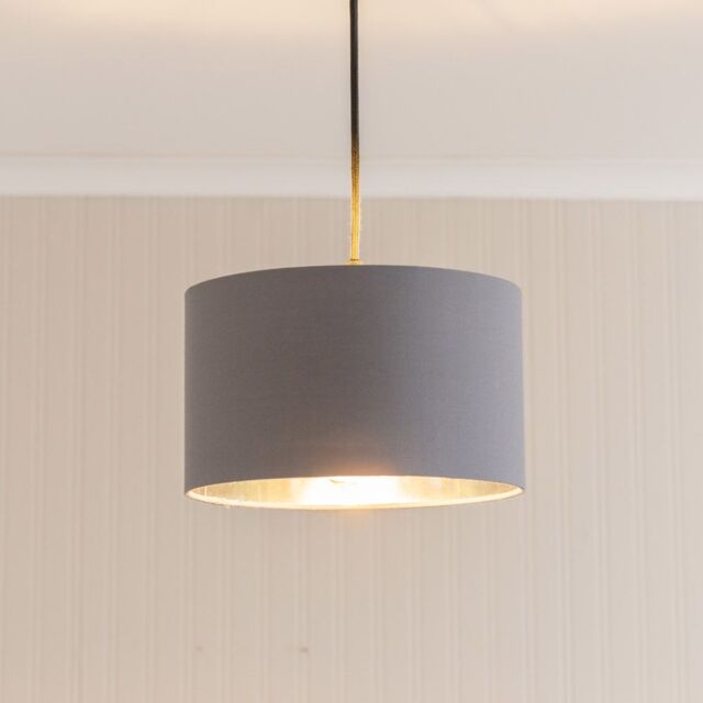 ValueLights Reni Grey Fabric with Metallic Chrome Inner Pendant Ceiling Lamp Shade & Bulb - Size: 6 inches - image 1