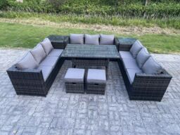 Fimous Outdoor PE Wicker Garden Furniture Rattan Lounge Sofa Set Patio Rectangular Table 2 Stool 2 Side Table 11 Seater in Dark Grey - thumbnail 2