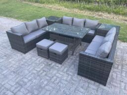 Fimous Outdoor PE Wicker Garden Furniture Rattan Lounge Sofa Set Patio Rectangular Table 2 Stool 2 Side Table 11 Seater in Dark Grey - thumbnail 1