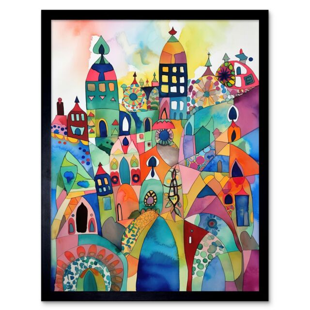 "Artery8 Wall Art Print Cityscape Abstract Folk Art Vibrant Multicoloured Watercolour Painting Art Framed in Black - Size: W12"" x H16""" - image 1