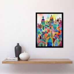 "Artery8 Wall Art Print Cityscape Abstract Folk Art Vibrant Multicoloured Watercolour Painting Art Framed in Black - Size: W12"" x H16""" - thumbnail 2