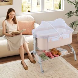 Costway Baby Bassinet Bedside Sleeper Bedside Crib w/ 7-Height Adjustment in Beige - thumbnail 4