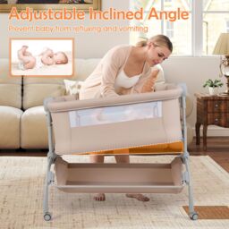 Costway Baby Bassinet Bedside Sleeper Bedside Crib w/ 7-Height Adjustment in Beige - thumbnail 7