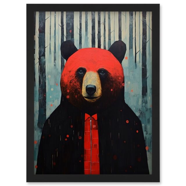 Artery8 Wall Art Print Hipster Red Bear Artwork Oil Painting Black Blue Artwork Forest Trees Artwork Framed A4 - image 1