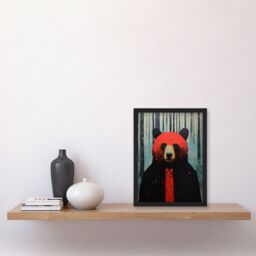 Artery8 Wall Art Print Hipster Red Bear Artwork Oil Painting Black Blue Artwork Forest Trees Artwork Framed A4 - thumbnail 2