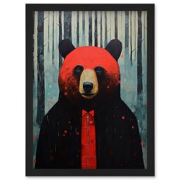 Artery8 Wall Art Print Hipster Red Bear Artwork Oil Painting Black Blue Artwork Forest Trees Artwork Framed A4 - thumbnail 1