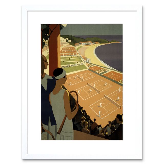 "Artery8 Wall Art Print Monte Carlo Monaco Tennis Vintage Artwork Framed 9X7 Inch in White - Size: W7"" x H9""" - image 1
