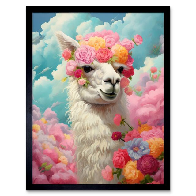 Artery8 Wall Art Print Head in the Clouds Conceptual Artwork Fabulous Carefree Llama with Rose Flower Headband Kids Room Art Framed - image 1