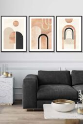 ARTZE Set of 3 Black Framed Mid Century Terracotta & Black Arches Wall Art - Size: W45 cm x H62 cm x D20mm - thumbnail 1