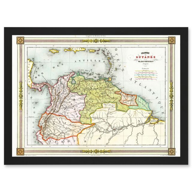Artery8 Duvotenay 1846 Map Colombia Guyana Americas Artwork Framed Wall Art Print A4 in Black - image 1