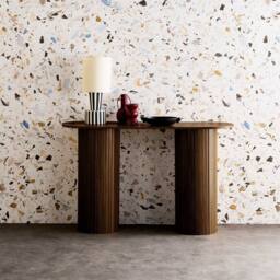 sweeek Scandinavian oval console with grooved wooden effect in Dark Brown