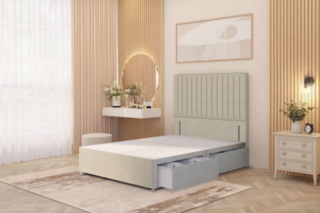 "Somnior Eleanor Divan Base 2 Drawers & 54"" Floor Standing Headboard Tweed Fabric in Natural - Size: Single" - image 1
