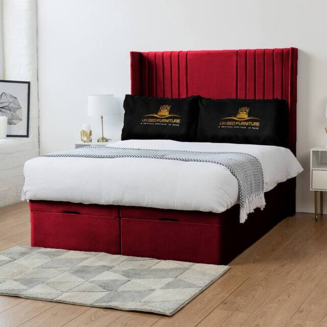 UK Bed Furniture Luxor Wingback End Lift Divan Ottoman Bed with 54 Inch Headboard in Maroon - Size: King - image 1