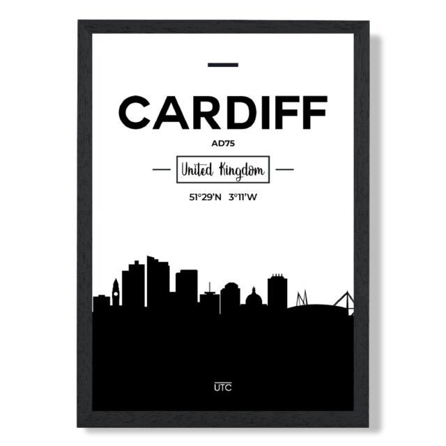 ARTZE Cardiff Black & White City Skyline Framed Print SIZE: A4 with Black Frame - image 1