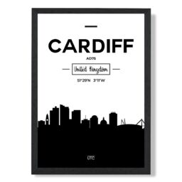 ARTZE Cardiff Black & White City Skyline Framed Print SIZE: A4 with Black Frame - thumbnail 1
