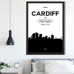 ARTZE Cardiff Black & White City Skyline Framed Print SIZE: A4 with Black Frame - thumbnail 2