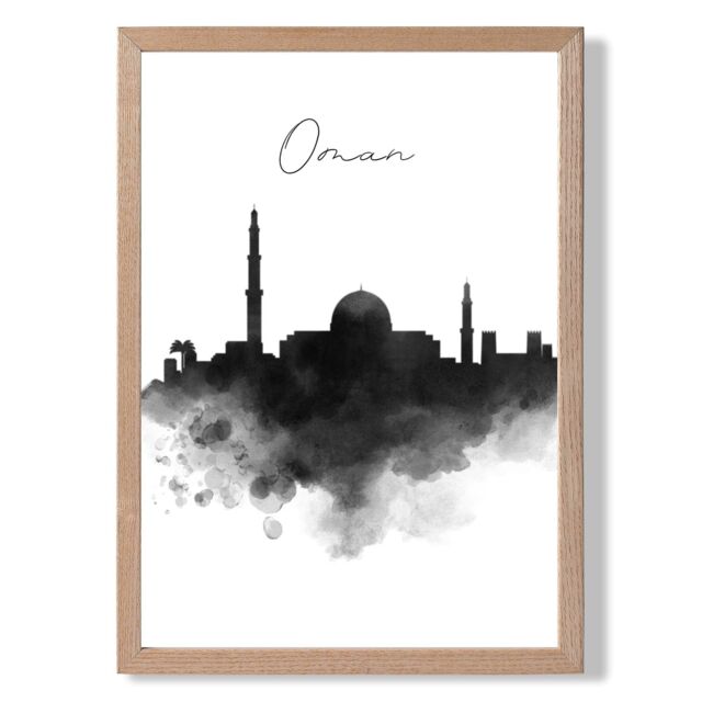 ARTZE Oman Watercolour Skyline City Framed Print SIZE: A2 with Oak Frame in Black - Size: A4 - image 1