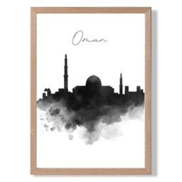 ARTZE Oman Watercolour Skyline City Framed Print SIZE: A2 with Oak Frame in Black - Size: A4