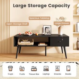Costway 109 CM Rectangular Wooden TV Stand Entertainment Center w/Open Shelf in Black - thumbnail 4