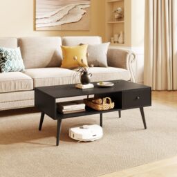 Costway 109 CM Rectangular Wooden TV Stand Entertainment Center w/Open Shelf in Black - thumbnail 6