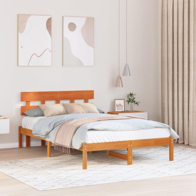 Berkfield Home Bed Frame with Headboard Wax Brown 135x190 cm Solid Wood Pine - image 1