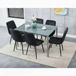 KOSY KOALA Grey Glass Dining Table with 6 Black Velvet Chairs Set - Size: 120 cm x 70 cm - thumbnail 1