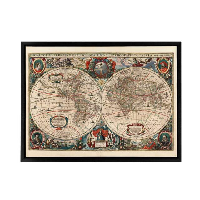 "Artery8 Hondius Pictorial Map 1641 World Hemispheres Framed Canvas Wall Art Print in Beige - Size: W24"" x H32""" - image 1