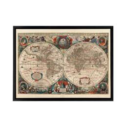 "Artery8 Hondius Pictorial Map 1641 World Hemispheres Framed Canvas Wall Art Print in Beige - Size: W24"" x H32""" - thumbnail 1
