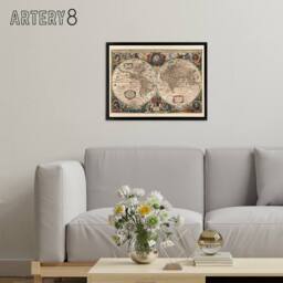 "Artery8 Hondius Pictorial Map 1641 World Hemispheres Framed Canvas Wall Art Print in Beige - Size: W24"" x H32""" - thumbnail 3