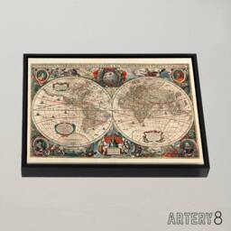 "Artery8 Hondius Pictorial Map 1641 World Hemispheres Framed Canvas Wall Art Print in Beige - Size: W24"" x H32""" - thumbnail 2