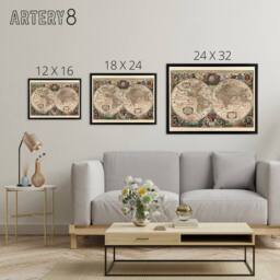 "Artery8 Hondius Pictorial Map 1641 World Hemispheres Framed Canvas Wall Art Print in Beige - Size: W24"" x H32""" - thumbnail 4