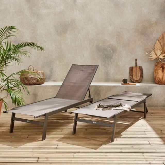 sweeek Set Of 2 Multi-position Deckchairs Textilene & Steel in Brown - image 1