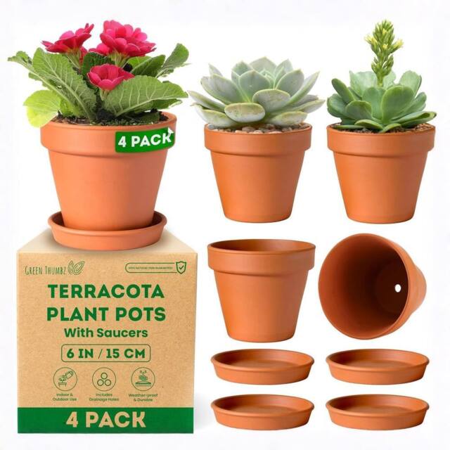 volila 15cm Terracotta Plant Pots with Saucer for Flowers, Herbs & Plants - Pack of 4 - Size: Large - image 1