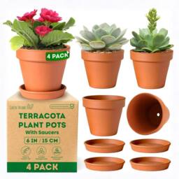 volila 15cm Terracotta Plant Pots with Saucer for Flowers, Herbs & Plants - Pack of 4 - Size: Large - thumbnail 1