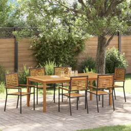 Berkfield Home 7 Piece Garden Dining Set Black Poly Rattan Acacia - thumbnail 1