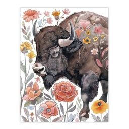 "Artery8 Stylised Majestic Bison in Spring Wildflowers Wall Art Print in Brown - Size: W12"" x H16""" - thumbnail 1