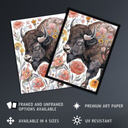 "Artery8 Stylised Majestic Bison in Spring Wildflowers Wall Art Print in Brown - Size: W12"" x H16""" - thumbnail 2