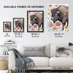"Artery8 Stylised Majestic Bison in Spring Wildflowers Wall Art Print in Brown - Size: W12"" x H16""" - thumbnail 3