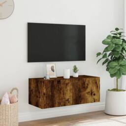 Berkfield Home TV Wall Cabinet with LED Lights Smoked Oak 80x35x31 cm in Brown - Size: 80 x 35 x 31 cm - thumbnail 4