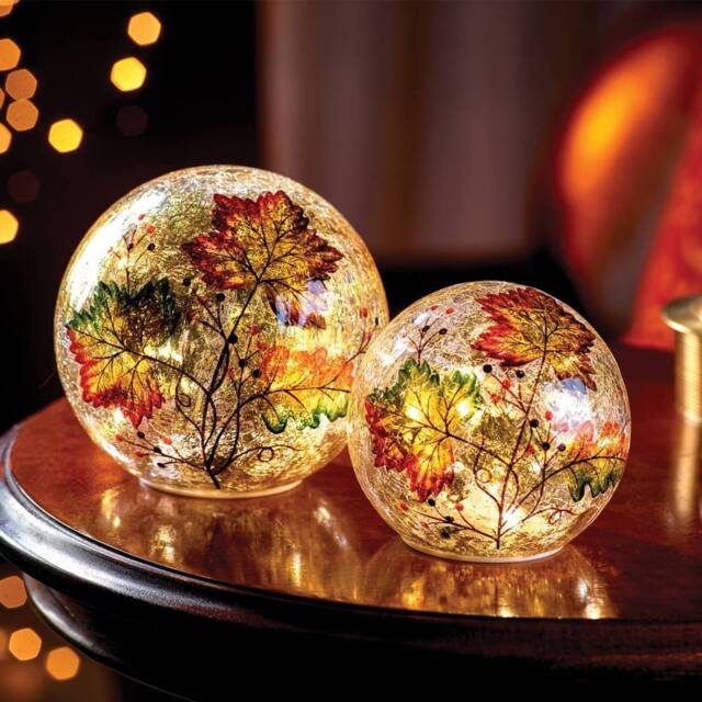 Coopers of Stortford Crackle Glass LED Light Balls, Battery-Operated, Pair, Autumn Colours
