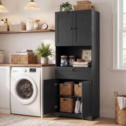 Costway Modern Bathroom Cabinet Wooden Storage Cabinet w/ 4 Doors & 1 Drawer in Black - thumbnail 7