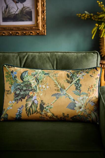 Laurence Llewelyn-Bowen 'Cotswold Fantasia Dawn' Floral Print Velvet Rectangular Filled Cushion in Gold - Size: 30 cm x 50 cm - image 1
