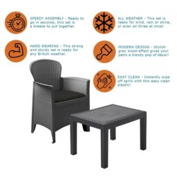 idooka Garden Furniture Set Table Chairs 3 Piece Bistro Set Patio Outdoor Rattan Style in Dark Grey - thumbnail 3