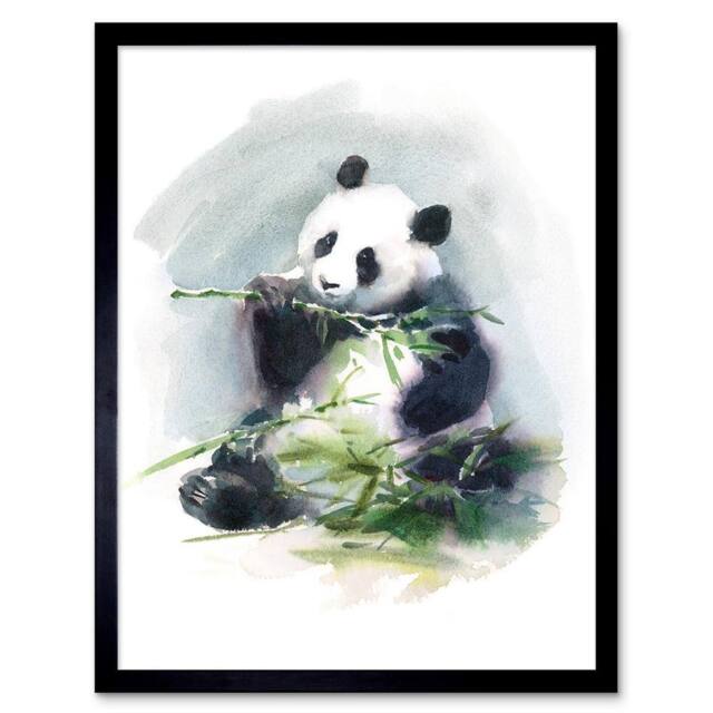 "Artery8 Panda Bamboo Watercolour Home Decor 12x16"" Framed Art Print in Grey - Size: W12"" x H16""" - image 1